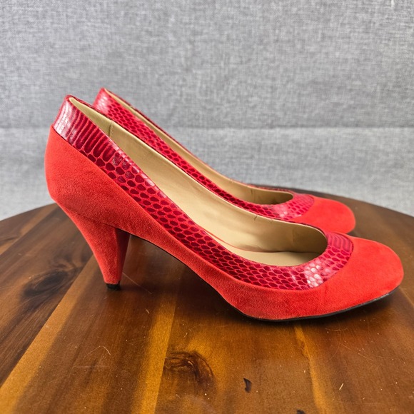 MIX No. 6 Red Suede Snakeskin Trim Pointed Toe Heel Pumps - Women's Size 10 - Picture 1 of 14